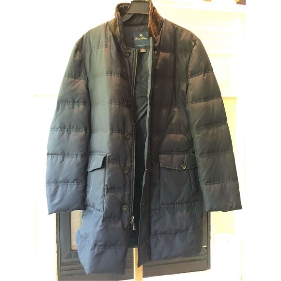 Brooks Brothers Mens Navy Blue Zip Up and Button Up Brown Collared Coat Size S - Picture 1 of 9
